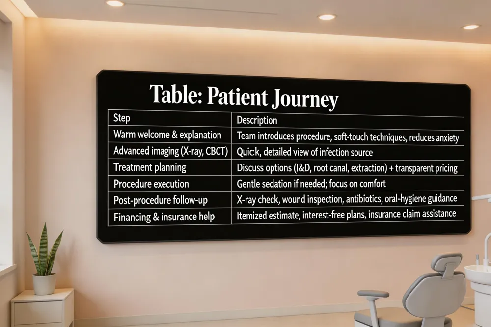 Table: Patient Journey
| Step | Description |
|---|---|
| Warm welcome & explanation | Team introduces procedure, uses soft‑touch techniques, reduces anxiety |
| Advanced imaging (X‑ray, CBCT) | Quick, detailed view of infection source |
| Treatment planning | Discuss options (I&D, root canal, extraction) and transparent pricing |
| Procedure execution | Performed with gentle sedation if needed; focus on comfort |
| Post‑procedure follow‑up | X‑ray check, wound inspection, prescribed antibiotics, oral‑hygiene guidance |
| Financing & insurance help | Itemized estimate, interest‑free plans, insurance claim assistance |
