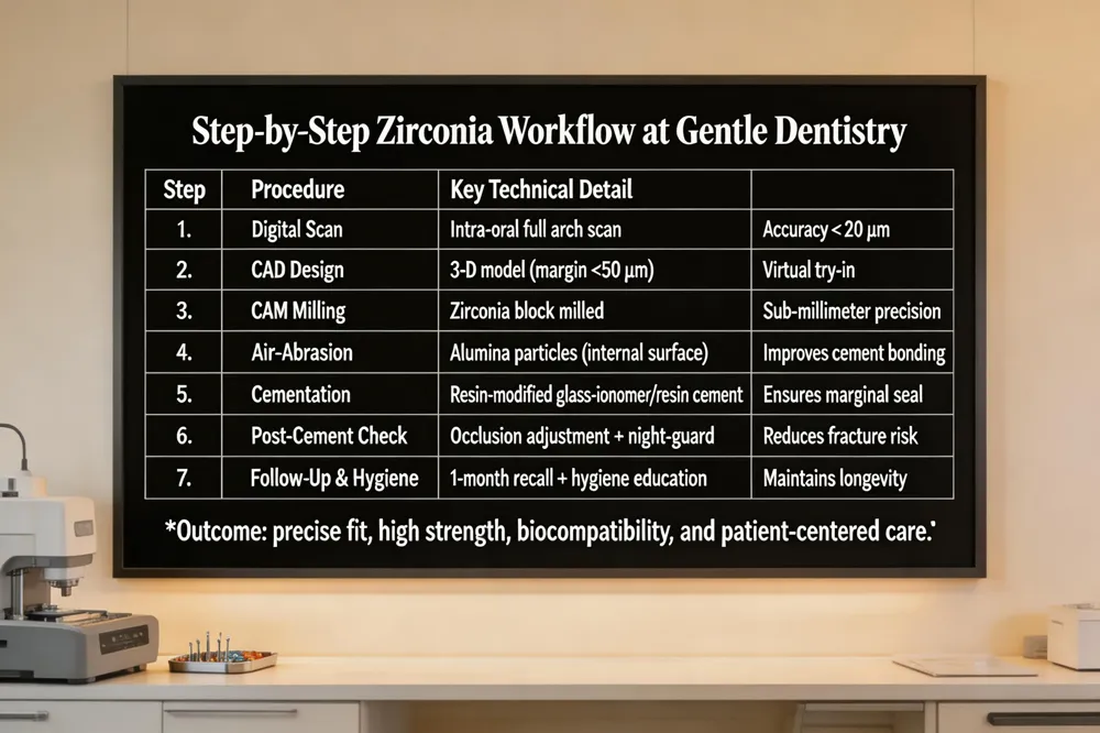 Step‑by‑Step Zirconia Workflow at Gentle Dentistry
| Step | Procedure | Key Technical Detail |
|---|---|---|
| 1. Digital Scan | Intra‑oral scanner captures full arch | Accuracy < 20 µm |
| 2. CAD Design | 3‑D model with margin < 50 µm | Allows virtual try‑in |
| 3. CAM Milling | High‑strength zirconia block milled | Sub‑millimeter precision |
| 4. Air‑Abrasion | Light alumina particles on internal surface | Improves resin‑cement bonding |
| 5. Cementation | Resin‑modified glass‑ionomer or resin cement | Ensures marginal seal |
| 6. Post‑Cement Check | Occlusion adjustment, night‑guard recommendation (if needed) | Reduces fracture risk |
| 7. Follow‑Up & Hygiene | 1‑month recall + hygiene education | Maintains longevity |
Outcome: precise fit, high strength, biocompatibility, and patient‑centered care.