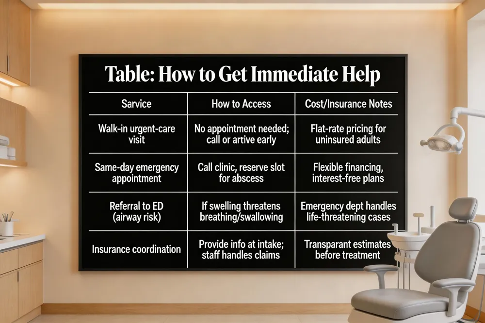 Table: How to Get Immediate Help
| Service | How to Access | Cost/Insurance Notes |
|---|---|---|
| Walk‑in urgent‑care visit | No appointment needed; call or arrive early | Flat‑rate pricing for uninsured adults |
| Same‑day emergency appointment | Call clinic, they reserve slot for abscess | Flexible financing, interest‑free plans |
| Referral to ED (airway risk) | If swelling threatens breathing/swallowing | Emergency department handles life‑threatening cases |
| Insurance coordination | Provide info at intake; staff handles claims | Transparent estimates provided before treatment |
