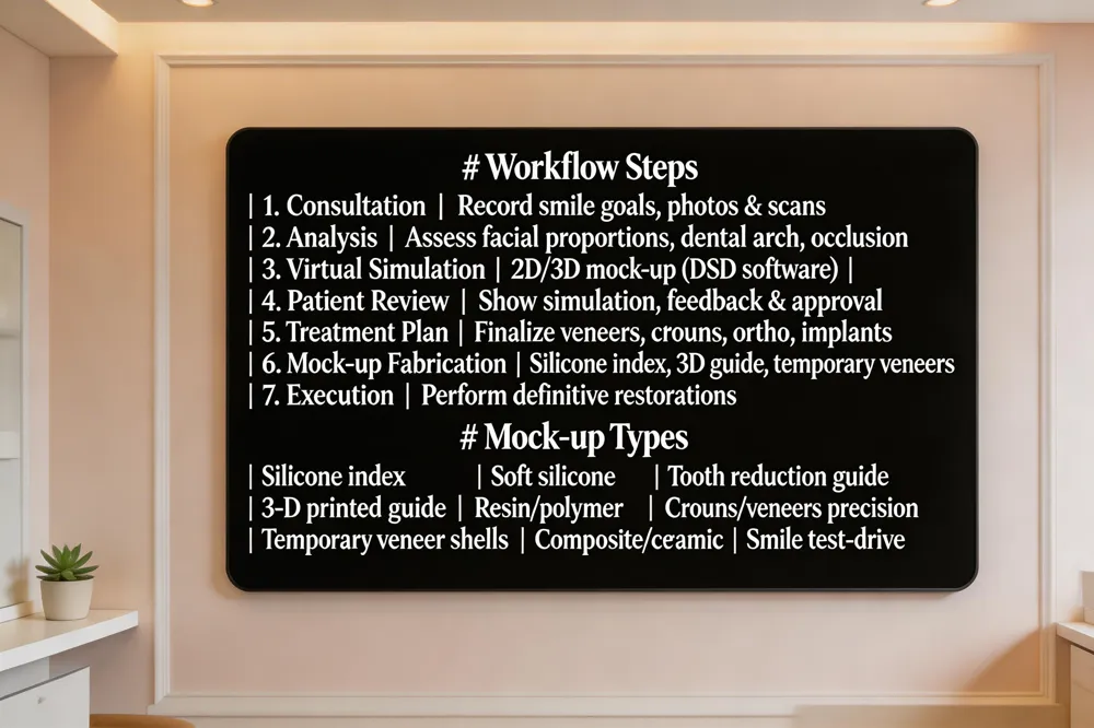 # Workflow Steps
| Step | Description |
|---|---|
| 1. Consultation | Record smile goals, capture photos & scans |
| 2. Analysis | Assess facial proportions, dental arch, occlusion |
| 3. Virtual Simulation | Generate 2‑D/3‑D mock‑up using DSD software |
| 4. Patient Review | Show simulation, gather feedback & approval |
| 5. Treatment Plan | Finalize detailed plan for veneers, crowns, orthodontics, implants |
| 6. Mock‑up Fabrication | Create silicone index, 3‑D printed guide, or temporary veneers |
| 7. Execution | Perform definitive restorations guided by mock‑up |
| Mock‑up Type | Material | Typical Use |
|---|---|---|
| Silicone index | Soft silicone | Interim guide for tooth reduction |
| 3‑D printed guide | Resin/biocompatible polymer | Precise additive for crowns/veneers |
| Temporary veneer shells | Composite or provisional ceramic | “Test‑drive” smile for patient approval |
