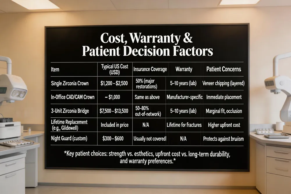 Cost, Warranty & Patient Decision Factors
| Item | Typical US Cost (USD) | Insurance Coverage | Warranty | Patient Concerns |
|---|---|---|---|---|
| Single Zirconia Crown | $1,200 – $2,500 | 50 % (major restorations) | 5–10 years (lab) | Veneer chipping (layered) |
| In‑Office CAD/CAM Crown | ~ $1,000 | Same as above | Manufacturer‑specific | Immediate placement |
| 3‑Unit Zirconia Bridge | $7,500 – $13,500 | 50‑80 % (out‑of‑network) | 5–10 years (lab) | Marginal fit, occlusion |
| Lifetime Replacement (e.g., Glidewell) | Included in price | N/A | Lifetime for fractures | Higher upfront cost |
| Night Guard (custom) | $300 – $600 | Usually not covered | N/A | Protects against bruxism |
Key patient choices: strength vs. esthetics, upfront cost vs. long‑term durability, and warranty preferences.