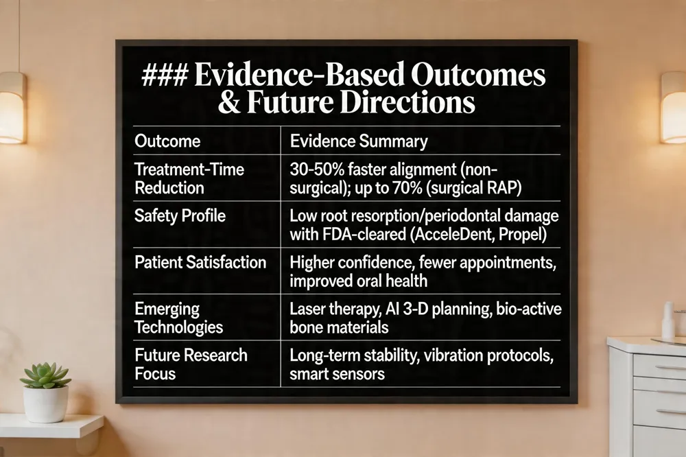### Evidence‑Based Outcomes & Future Directions
| Outcome | Evidence Summary |
|---|---|
| Treatment‑Time Reduction | Clinical trials report 30‑50 % faster alignment with non‑surgical acceleration; up to 70 % with surgical RAP techniques |
| Safety Profile | Low incidence of root resorption or periodontal damage when using FDA‑cleared devices (AcceleDent, Propel) and minimally invasive surgery |
| Patient Satisfaction | Surveys indicate higher confidence, fewer appointments, and improved oral‑health outcomes for adult patients |
| Emerging Technologies | Low‑intensity laser therapy, photobiomodulation, AI‑driven 3‑D treatment planning, and bio‑active materials for bone remodeling |
| Future Research Focus | Long‑term stability of accelerated results, optimized vibration protocols, and integration of smart sensors for real‑time force monitoring |
