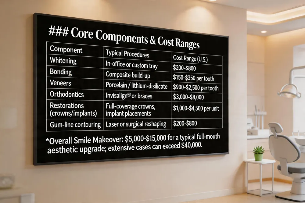 ### The 4‑8‑10 Rule for Veneer Planning
| Rule | Teeth Covered | Typical Use Case |
|---|---|---|
| 4 | Central incisors + adjacent teeth (usually canines) | Minimal front‑four makeover |
| 8 | Canine‑to‑canine (all six front teeth + two adjacent) | Balanced front‑eight for broader smile |
| 10 | Extends to first premolars on each side | Full‑face aesthetic for extensive restorations |
Material Choices:
Best veneers in the US – Premium porcelain or lithium‑disilicate veneers (Emax, Empress) provide the most natural look; Lumineers offer a conservative, ultra‑thin option; zirconia veneers are best for heavy bites or bruxism.
Veneers near me – Gentle Dentistry of Staten Island offers custom‑designed porcelain and composite veneers with 3‑D modeling, ensuring a perfect fit, stain resistance and long‑term durability.
What is the 4‑8‑10 rule for veneers? – The rule guides the number of veneers: four (central incisors + adjacent teeth) for a minimal front‑four, eight (canine‑to‑canine) for a balanced front‑eight, and ten (extending to first premolars) for broader smiles. The exact count is personalized based on smile width, tooth visibility and aesthetic goals.
![### Core Components & Cost Ranges
| Component | Typical Procedures | Cost Range (U.S.) |
|---|---|---|
| Whitening | In‑office or custom tray | $200‑$800 |
| Bonding | Composite build‑up | $150‑$350 per tooth |
| Veneers | Porcelain / lithium‑disilicate | $900‑$2,500 per tooth |
| Orthodontics | Invisalign® or braces | $3,000‑$8,000 |
| Restorations (crowns/implants) | Full‑coverage crowns, implant placements | $1,000‑$4,500 per unit |
| Gum‑line contouring | Laser or surgical reshaping | $200‑$800 |
Overall Smile Makeover: $5,000‑$15,000 for a typical full‑mouth aesthetic upgrade; extensive cases can exceed $40,000.