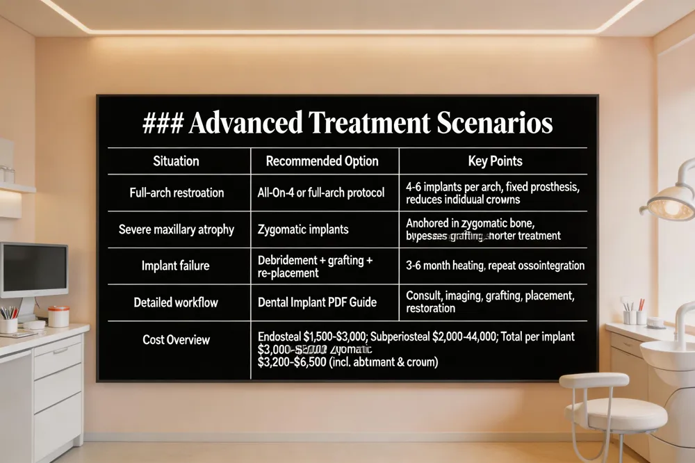 ### Advanced Treatment Scenarios
| Situation | Recommended Option | Key Points | |-----------|-------------------|------------| | Full‑arch restoration | All‑On‑4 or full‑arch protocol | 4‑6 implants per arch, fixed prosthesis, reduces need for individual crowns | | Severe maxillary atrophy | Zygomatic implants | Anchored in zygomatic bone, bypasses extensive grafting, shorter treatment time | | Implant failure | Site debridement + grafting + re‑placement | 3‑6 month healing before new fixture; repeat osseointegration phase | | Need for detailed workflow | Dental implant step‑by‑step PDF guide | Includes consultation, imaging, grafting, placement, integration, impression, abutment, final restoration | | Cost overview per implant type | Endosteal $1,500‑$3,000; Subperiosteal $2,000‑$4,000; Zygomatic $3,000‑$5,000; total per implant $3,200‑$6,500 (incl. abutment & crown) | 