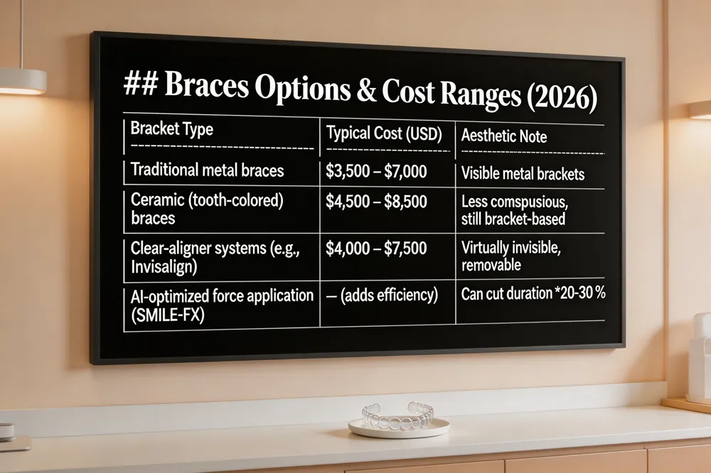 ### Braces Options & Cost Ranges (2026)
| Bracket Type | Typical Cost (USD) | Aesthetic Note |
|---|---|---|
| Traditional metal braces | $3,500 – $7,000 | Visible metal brackets |
| Ceramic (tooth‑colored) braces | $4,500 – $8,500 | Less conspicuous, still bracket‑based |
| Clear‑aligner systems (e.g., Invisalign) | $4,000 – $7,500 | Virtually invisible, removable |
| AI‑optimized force application (SMILE‑FX) | — (adds efficiency) | Can cut duration 20‑30 % |
