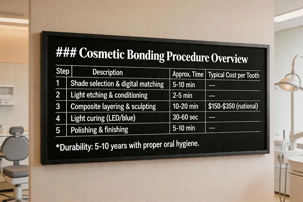 ### Cosmetic Bonding Procedure Overview
| Step | Description | Approx. Time | Typical Cost per Tooth |
|---|---|---|---|
| Shade selection & digital matching | Choose composite shade that matches natural teeth | 5‑10 min | — |
| Light etching & conditioning | Prepare enamel surface for bonding | 2‑5 min | — |
| Composite layering & sculpting | Build up shape, close gaps, mask imperfections | 10‑20 min | $150‑$350 (national) |
| Light curing (LED/blue) | Harden the resin | 30‑60 sec | — |
| Polishing & finishing | Achieve smooth, natural surface | 5‑10 min | — |
Durability: 5‑10 years with proper oral hygiene.