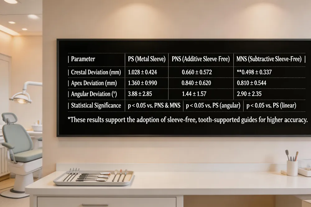 | Parameter | PS (Metal Sleeve) | PNS (Additive Sleeve‑Free) | MNS (Subtractive Sleeve‑Free) | |-----------|-------------------|----------------------------|-------------------------------| | Crestal Deviation (mm) | 1.028 ± 0.424 | 0.660 ± 0.572 | 0.498 ± 0.337 | | Apex Deviation (mm) | 1.360 ± 0.990 | 0.840 ± 0.620 | 0.810 ± 0.544 | | Angular Deviation (°) | 3.88 ± 2.85 | 1.44 ± 1.57 | 2.90 ± 2.35 | | Statistical Significance | p < 0.05 vs. PNS & MNS for all linear metrics | p < 0.05 vs. PS for angular metric | p < 0.05 vs. PS for linear metrics |
These results support the adoption of sleeve‑free, tooth‑supported guides for higher accuracy.