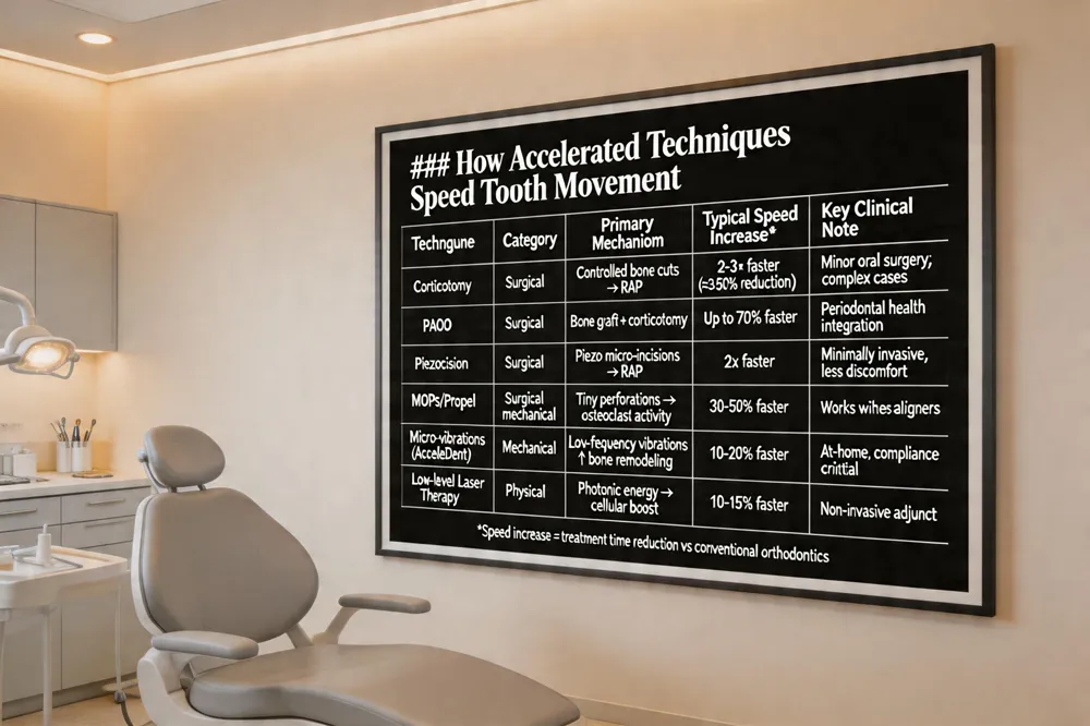 ### How Accelerated Techniques Speed Tooth Movement
| Technique | Category | Primary Mechanism | Typical Speed Increase* | Key Clinical Note |
|---|---|---|---|---|
| Corticotomy | Surgical | Controlled bone cuts → Regional Acceleratory Phenomenon (RAP) | 2‑3× faster (≈30‑50 % reduction) | Requires minor oral surgery; excellent for complex cases |
| PAOO (Periodontally Accelerated Osteogenic Orthodontics) | Surgical | Combined alveolar bone graft + corticotomy | Up to 70 % faster | Integrates grafting for periodontal health |
| Piezocision | Surgical | Piezoelectric micro‑incisions → RAP | 2× faster | Minimally invasive, less postoperative discomfort |
| Micro‑osteoperforation (MOPs) / Propel | Surgical‑mechanical | Tiny perforations stimulate osteoclast activity | 30‑50 % faster | Can be combined with braces or aligners |
| Micro‑vibrations (AcceleDent, VPro5) | Mechanical | Low‑frequency vibrations ↑ bone remodeling | Modest (≈10‑20 % faster) | At‑home use; patient compliance critical |
| Low‑level laser therapy / Photobiomodulation | Physical | Photonic energy → cellular metabolism boost | Modest (≈10‑15 % faster) | Non‑invasive, adjunctive |
*Speed increase refers to overall treatment time reduction compared with conventional orthodontics. 