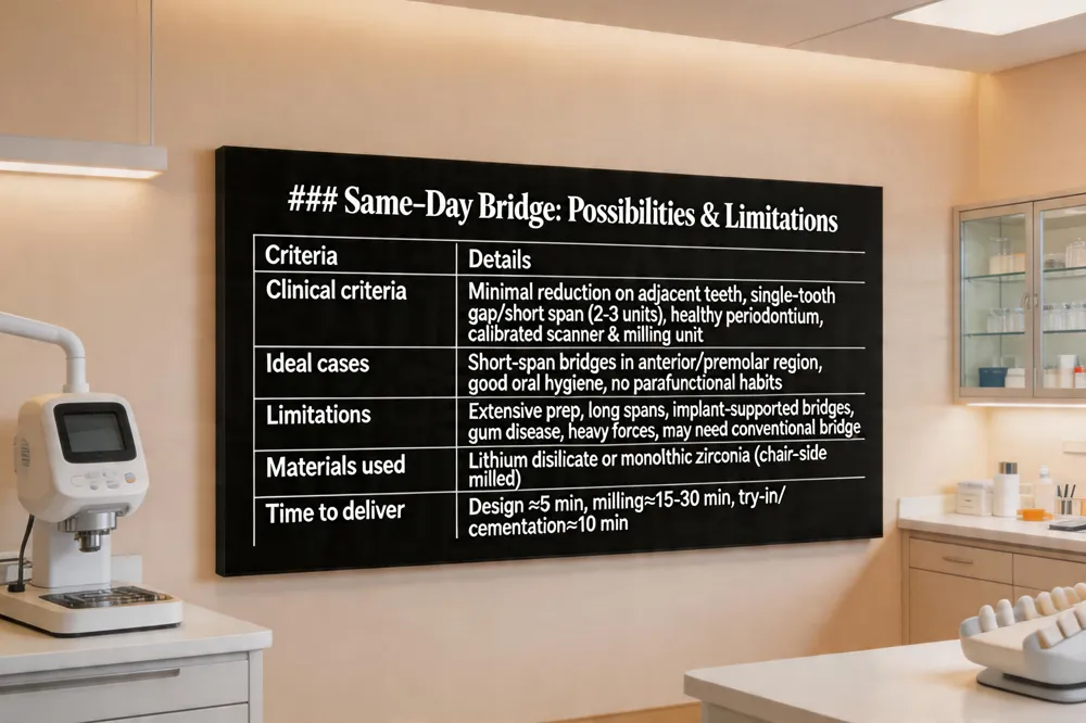 ### Same‑Day Bridge: Possibilities & Limitations
| Criteria | Details |
|---|---|
| Clinical criteria | Minimal reduction on adjacent teeth, single‑tooth gap or short span (2‑3 units), healthy periodontium, practice equipped with calibrated scanner & milling unit |
| Ideal cases | Short‑span bridges in anterior or premolar region, patients with good oral hygiene and no parafunctional habits |
| Limitations | Extensive preparation, long spans, implant‑supported bridges, severe gum disease, heavy occlusal forces; may require conventional lab‑fabricated bridge |
| Materials used | Lithium disilicate or monolithic zirconia blocks milled chair‑side |
| Time to deliver | Design ≈ 5 min, milling ≈ 15‑30 min, final try‑in & cementation ≈ 10 min |

