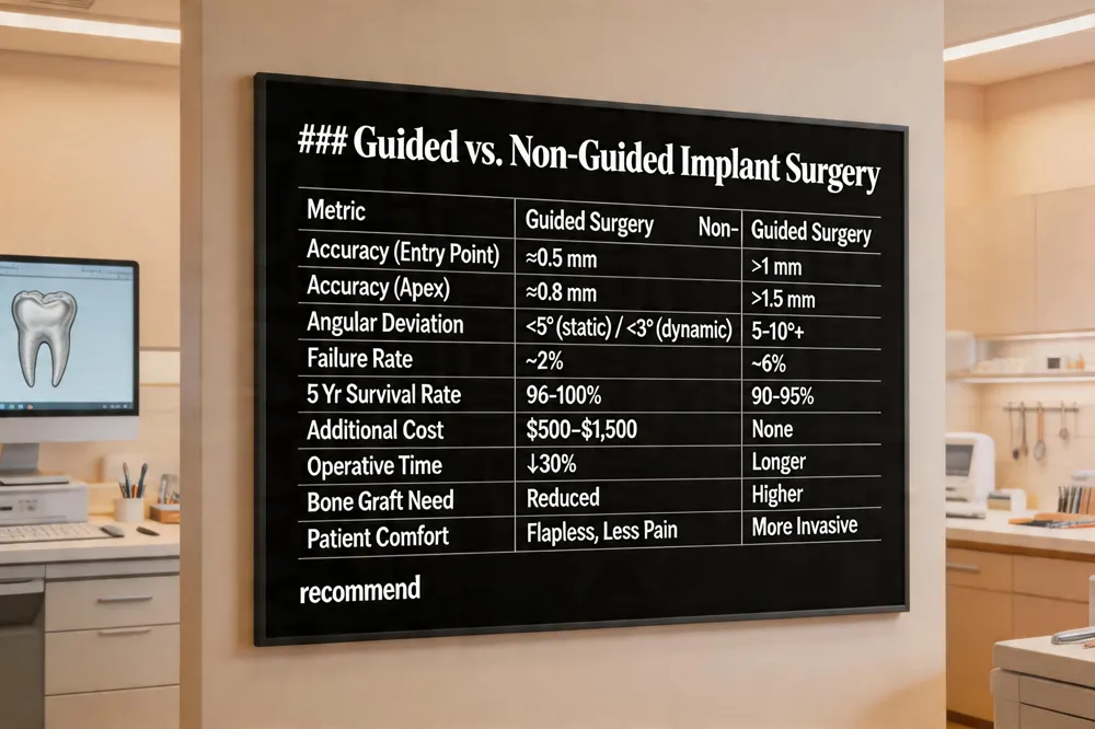 ### Guided vs. Non‑Guided Implant Surgery
| Metric | Guided Surgery | Non‑Guided Surgery |
|---|---|---|
| Accuracy (Entry Point) | Mean linear deviation ≈ 0.5 mm | Typically > 1 mm |
| Accuracy (Apex) | Mean linear deviation ≈ 0.8 mm | Typically > 1.5 mm |
| Angular Deviation | < 5° (static) / < 3° (dynamic) | 5‑10° or more |
| Failure Rate | ~2 % | ~6 % |
| Survival Rate (5 yr) | 96‑100 % | 90‑95 % |
| Additional Cost per Implant | $500 – $1,500 (imaging, software, guide) | None (except standard imaging) |
| Operative Time | ↓ 30 % (average) | Longer due to flap elevation & trial‑and‑error |
| Need for Bone Grafting | Often reduced | Higher likelihood due to less precise placement |
| Patient Comfort | Flapless, less postoperative pain | More invasive, higher discomfort |
recommend 