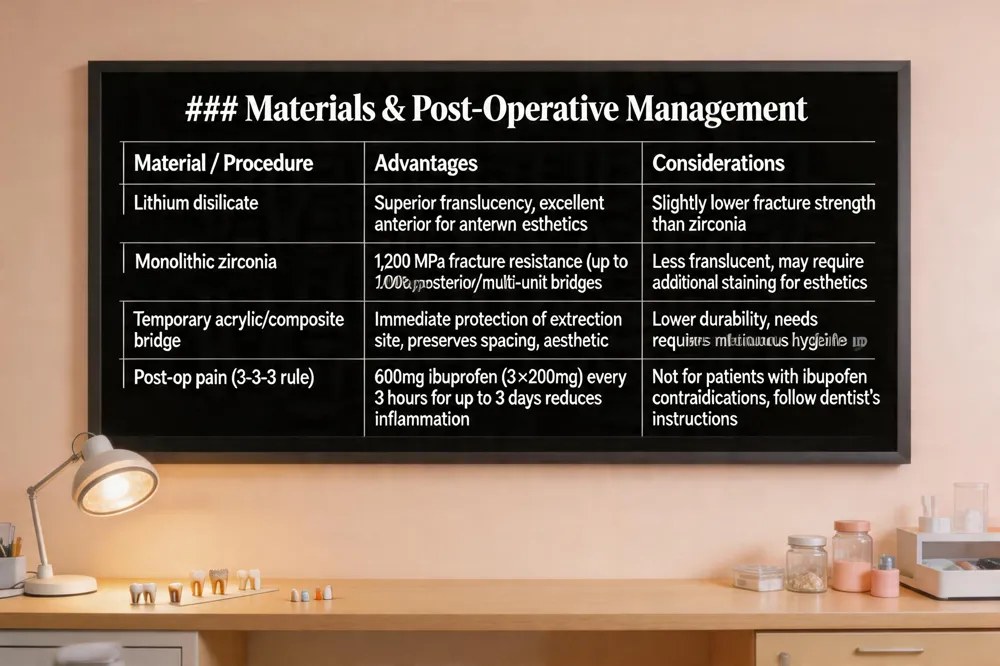 ### Materials & Post‑Operative Management
| Material / Procedure | Advantages | Considerations |
|---|---|---|
| Lithium disilicate | Superior translucency, excellent esthetics for anterior crowns/bridges | Slightly lower fracture strength than zirconia |
| Monolithic zirconia | Highest fracture resistance (up to 1,200 MPa), ideal for posterior or multi‑unit bridges | Less translucent, may require additional staining for esthetics |
| Temporary acrylic/composite bridge | Immediate protection of extraction site, preserves spacing,esthetic appearance | Lower durability, requires meticulous hygiene until final bridge placed |
| Post‑op pain (3‑3‑3 rule) | 600 mg ibuprofen (3 × 200 mg) every 3 hours for up to 3 days reduces inflammation | Not for patients with ibuprofen contraindications; follow dentist’s instructions |
