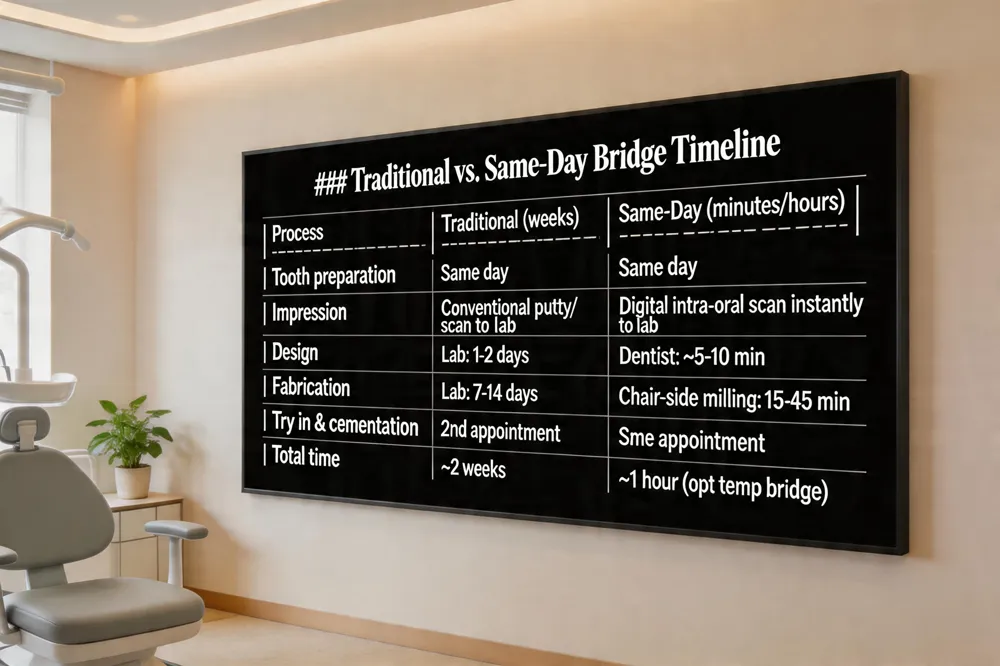 ### Traditional vs. Same‑Day Bridge Timeline
| Process | Traditional (weeks) | Same‑Day (minutes/hours) |
|---|---|---|
| Tooth preparation | Same day | Same day |
| Impression | Conventional putty or digital scan sent to lab | Digital intra‑oral scan captured instantly |
| Design | Lab designs over 1‑2 days | Dentist designs on‑screen in ~5‑10 min |
| Fabrication | Lab mills/prints bridge (7‑14 days) | Chair‑side milling (15‑45 min) |
| Try‑in & cementation | Second appointment after bridge arrives | Same appointment after milling |
| Total time | ~2 weeks | ~1 hour (plus optional temporary bridge placement) |
