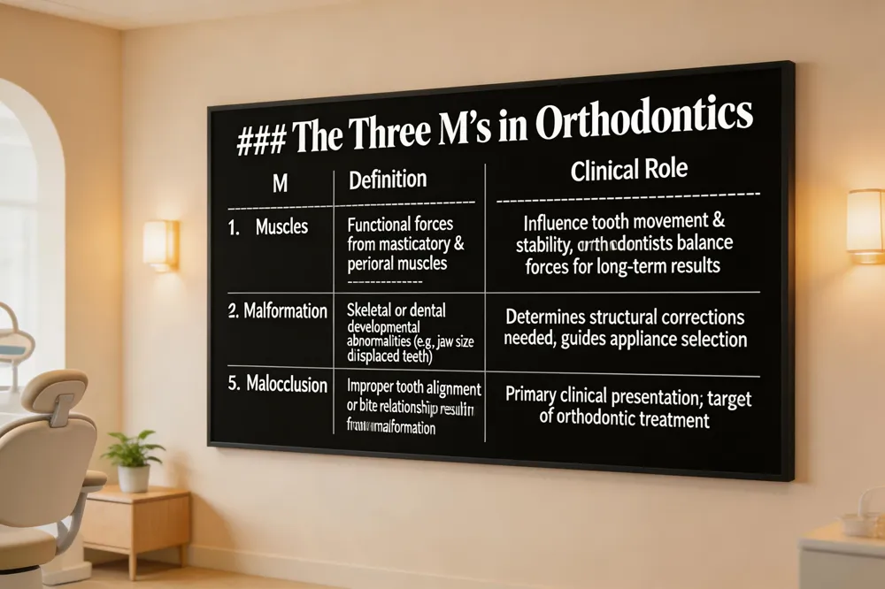 ### The Three M’s in Orthodontics
| M | Definition | Clinical Role |
|---|---|---|
| Muscles | Functional forces from masticatory & perioral muscles | Influence tooth movement & stability; orthodontists balance forces for long‑term results |
| Malformation | Skeletal or dental developmental abnormalities (e.g., jaw size discrepancy, misplaced teeth) | Determines structural corrections needed; guides appliance selection |
| Malocclusion | Improper tooth alignment or bite relationship resulting from muscles & malformation | Primary clinical presentation; target of orthodontic treatment |
