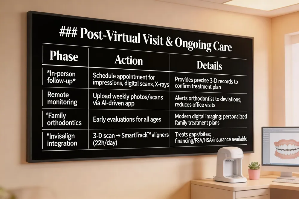 ### Post‑Virtual Visit & Ongoing Care
| Phase | Action | Details |
|---|---|---|
| In‑person follow‑up | Schedule appointment for impressions, digital scans, X‑rays | Provides precise 3‑D records to confirm treatment plan |
| Remote monitoring | Upload weekly photos or scans via AI‑driven app | Alerts orthodontist to deviations; reduces office visits |
| Family orthodontics | Early evaluations for children, teens, adults | Uses modern digital imaging & gentle techniques; personalized plans for each family member |
| Invisalign integration | 3‑D scan → custom aligners (SmartTrack™) worn 22 h/day | Treats gaps, crowding, over/underbites, crossbites; financing, FSA/HSA, insurance options available |
