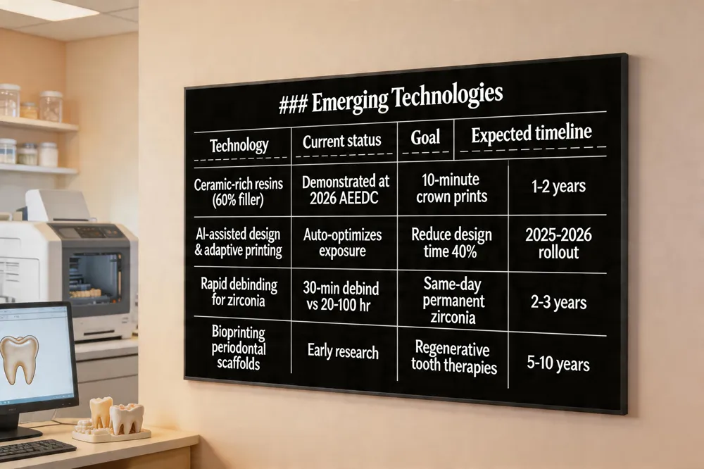 ### Emerging Technologies
| Technology | Current status | Goal | Expected timeline |
|---|---|---|---|
| Ceramic‑rich resins (60 % filler) | Demonstrated at 2026 AEEDC | 10‑minute crown prints | 1‑2 years |
| AI‑assisted design & adaptive printing | Auto‑optimizes exposure & supports | Reduce design time 40 % | Ongoing, rollout 2025‑2026 |
| Rapid debinding for zirconia | 30‑min debind vs 20‑100 hr | True same‑day permanent zirconia | 2‑3 years |
| Bioprinting of periodontal scaffolds | Early research | Regenerative tooth therapies | 5‑10 years |
