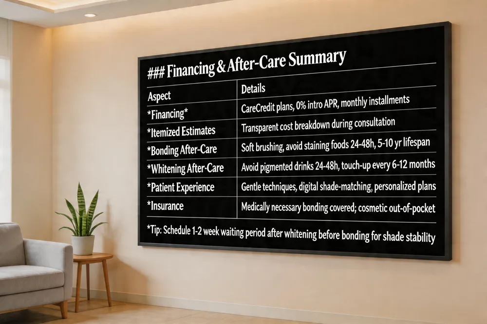 ### Financing & After‑Care Summary
| Aspect | Details |
|---|---|
| Financing | CareCredit plans, 0% intro APR, monthly installments |
| Itemized Estimates | Transparent cost breakdown during initial consultation |
| Bonding After‑Care | Soft brushing, avoid staining foods 24‑48 h, 5‑10 yr lifespan |
| Whitening After‑Care | Avoid pigmented drinks for 24‑48 h, touch‑up every 6‑12 months |
| Patient Experience | Gentle techniques, digital shade‑matching, personalized treatment plans, comfortable environment |
| Insurance | Usually only covers medically necessary bonding; cosmetic cases are out‑of‑pocket |
Tip: Schedule a 1‑2‑week waiting period after whitening before bonding to ensure shade stability.
