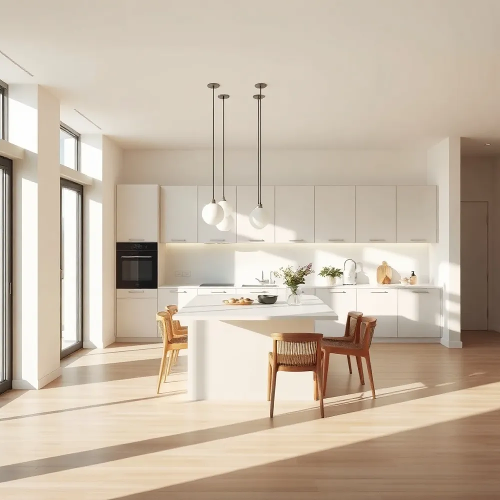 Bridge the gap between culinary zones and social areas with integrated appliances and clean, handle-less cabinetry design.