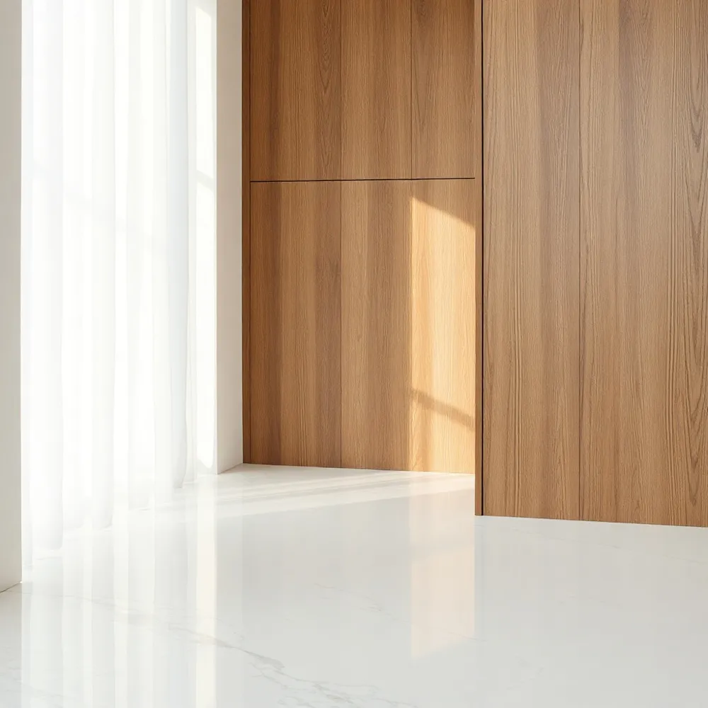 Create visual interest by layering contrasting textures like cool Italian marble with the warmth of natural wood veneers.