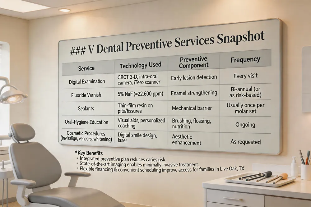 ### V Dental Preventive Services Snapshot
| Service | Technology Used | Preventive Component | Frequency |
|---|---|---|---|
| Digital Examination | CBCT 3‑D, intra‑oral camera, iTero scanner | Early lesion detection | Every visit |
| Fluoride Varnish | 5 % NaF (≈22,600 ppm) | Enamel strengthening | Bi‑annual (or as risk‑based) |
| Sealants | Thin‑film resin on pits/fissures | Mechanical barrier | Usually once per molar set |
| Oral‑Hygiene Education | Visual aids, personalized coaching | Brushing, flossing, nutrition | Ongoing |
| Cosmetic Procedures (Invisalign, veneers, whitening) | Digital smile design, laser | Aesthetic enhancement | As requested |
Key Benefits
- Integrated preventive plan reduces caries risk.
- State‑of‑the‑art imaging enables minimally invasive treatment.
- Flexible financing & convenient scheduling improve access for families in Live Oak, TX.