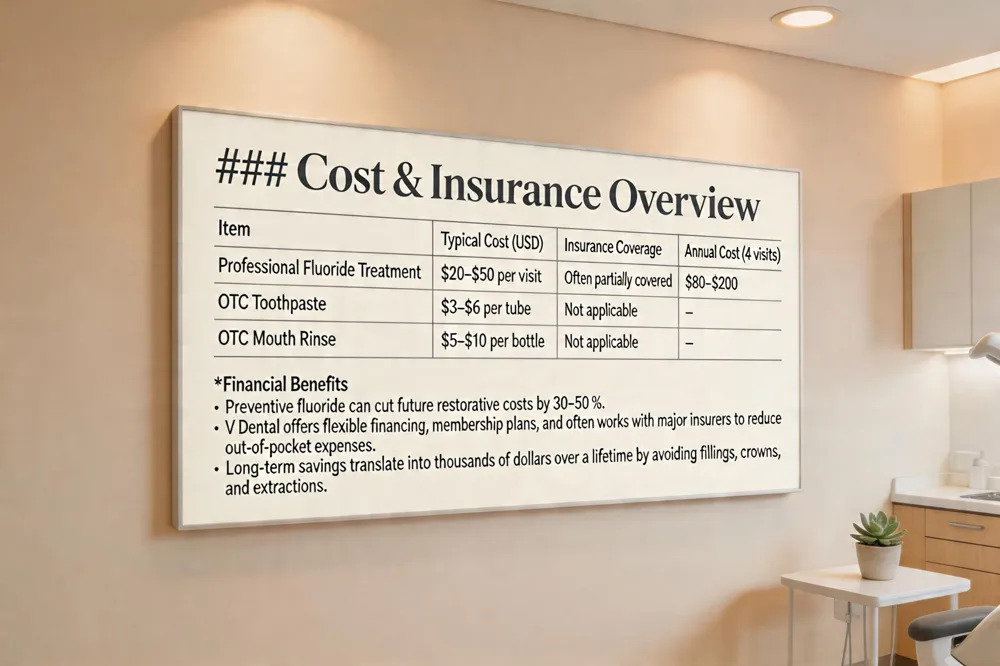 ### Cost & Insurance Overview
| Item | Typical Cost (USD) | Insurance Coverage | Annual Cost (4 visits) |
|---|---|---|---|
| Professional Fluoride Treatment (gel/foam/varnish) | $20–$50 per visit | Often partially covered; varies by plan | $80–$200 |
| OTC Toothpaste | $3–$6 per tube | Not applicable | – |
| OTC Mouth Rinse | $5–$10 per bottle | Not applicable | – |
Financial Benefits
- Preventive fluoride can cut future restorative costs by 30–50 %.
- V Dental offers flexible financing, membership plans, and often works with major insurers to reduce out‑of‑pocket expenses.
- Long‑term savings translate into thousands of dollars over a lifetime by avoiding fillings, crowns, and extractions.