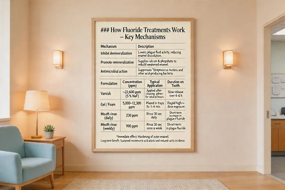 ### How Fluoride Treatments Work – Key Mechanisms
| Mechanism | Description |
|---|---|
| Inhibit demineralization | Lowers plaque fluid acidity, reducing enamel dissolution. |
| Promote remineralization | Supplies calcium & phosphate to rebuild weakened enamel. |
| Antimicrobial action | Suppresses Streptococcus mutans and other acid‑producing bacteria. |
| Formulation | Concentration (ppm) | Typical Application | Duration on Tooth |
|---|---|---|---|
| Varnish | ~22,600 ppm (5 % NaF) | Applied after cleaning; adheres for several hours | Slow release over 4–6 h |
| Gel / Foam | 5,000–12,300 ppm | Placed in trays for 1–4 min | Rapid high‑dose exposure |
| Mouth rinse (daily) | 230 ppm | Rinse 30 sec daily | Short‑term increase in plaque fluoride |
| Mouth rinse (weekly) | 900 ppm | Rinse 30 sec once a week | Short‑term increase in plaque fluoride |
Immediate effect: Hardening of outer enamel. Long‑term benefit: Sustained resistance to acid attacks and reduced cavity incidence.