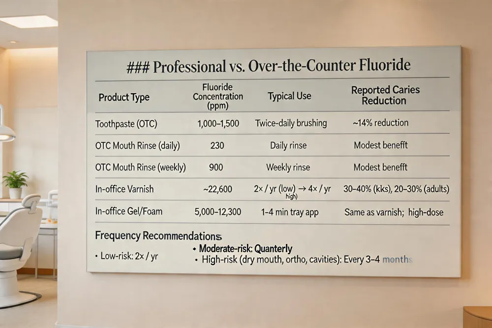 ### Professional vs. Over‑the‑Counter Fluoride
| Product Type | Fluoride Concentration (ppm) | Typical Use | Reported Caries Reduction |
|---|---|---|---|
| Toothpaste (OTC) | 1,000–1,500 | Twice‑daily brushing | ~14 % reduction |
| OTC Mouth Rinse (daily) | 230 | Daily rinse | Modest benefit |
| OTC Mouth Rinse (weekly) | 900 | Weekly rinse | Modest benefit |
| In‑office Varnish | ~22,600 | Applied 2× / yr (low risk) to 4 × / yr (high risk) | 30–40 % (children), 20–30 % (adults) |
| In‑office Gel/Foam | 5,000–12,300 | 1–4 min tray application | Same as varnish; high‑dose exposure |
Frequency Recommendations
- Low‑risk: 2× / yr
- Moderate‑risk: Quarterly
- High‑risk (dry mouth, orthodontics, recurrent cavities): Every 3–4 months