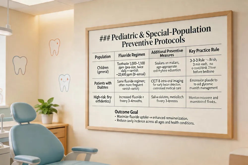 ### Pediatric & Special‑Population Preventive Protocols
| Population | Fluoride Regimen | Additional Preventive Measures | Key Practice Rule |
|---|---|---|---|
| Children (general) | Toothpaste 1,000–1,100 ppm (pea‑size, twice daily) + varnish ~22,600 ppm (bi‑annual) | Sealants on molars, age‑appropriate oral‑hygiene education | 3‑3‑3 Rule – Brush 3× / day, 3 min each, no food/drink 3 h before bedtime |
| Patients with Diabetes | Same fluoride regimen; often more frequent varnish | CBCT & intra‑oral imaging for early lesion detection, coordinated medical care | Emphasize plaque control to aid glycemic management |
| High‑risk (dry mouth, orthodontics) | Increased fluoride frequency (every 3–4 months) | Saliva substitutes, meticulous flossing around appliances | Monitor acid exposure and maintain optimal fluoride levels |
Outcome Goal
- Maximize fluoride uptake → enhanced remineralization.
- Reduce cavity incidence across all ages and health conditions.