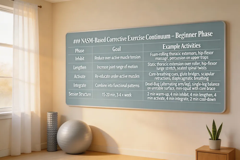 ### NASM‑Based Corrective Exercise Continuum – Beginner Phase
| Phase | Goal | Example Activities |
|---|---|---|
| Inhibit | Reduce over‑active muscle tension | Foam‑rolling thoracic extensors, hip‑flexor massage, percussion on upper traps |
| Lengthen | Increase joint range of motion | Static thoracic extension over roller, hip‑flexor lunge stretch, seated spinal twists |
| Activate | Re‑educate under‑active muscles | Core‑breathing cues, glute bridges, scapular retractions, diaphragmatic breathing |
| Integrate | Combine into functional patterns | Dead‑Bug (alternating arm/leg), single‑leg balance on unstable surface, mini‑squat with core brace |
| Session Structure | 15‑20 min, 3‑4 × week | 2 min warm‑up, 4 min inhibit, 4 min lengthen, 4 min activate, 4 min integrate, 2 min cool‑down |
| 
