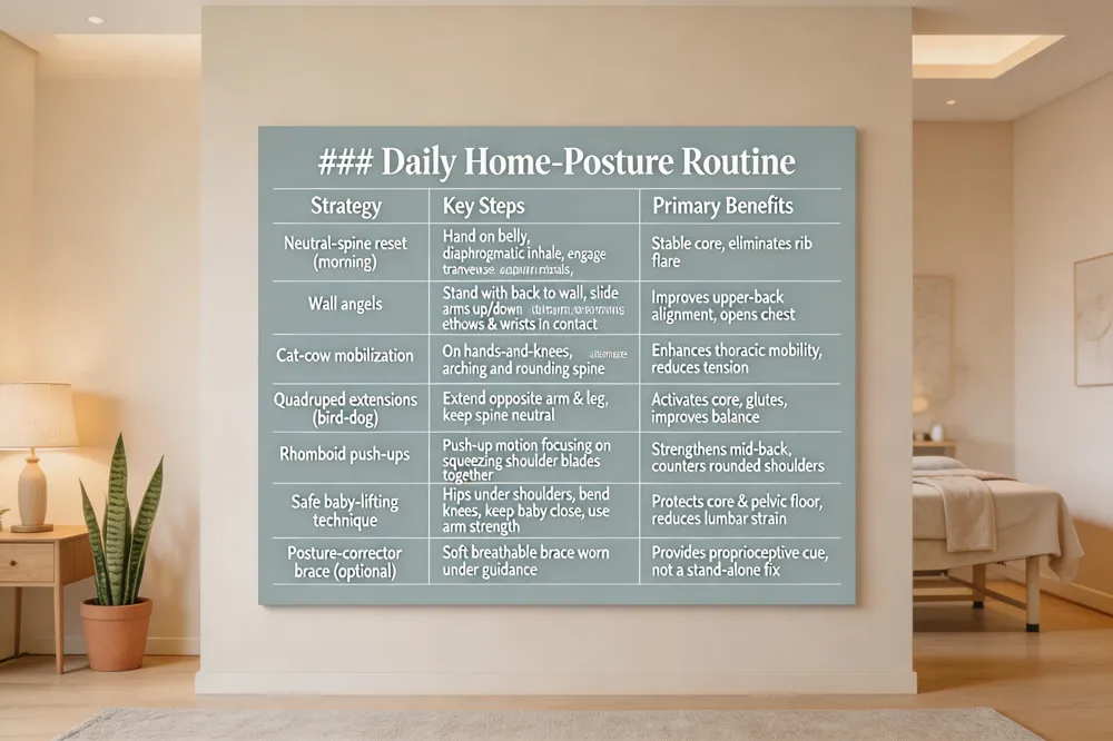 ### Daily Home‑Posture Routine
| Strategy | Key Steps | Primary Benefits |
|---|---|---|
| Neutral‑spine reset (morning) | Hand on belly, diaphragmatic inhale, engage transverse abdominals, scapular retraction | Stable core, eliminates rib flare |
| Wall angels | Stand with back to wall, slide arms up/down keeping elbows & wrists in contact | Improves upper‑back alignment, opens chest |
| Cat‑cow mobilization | On hands‑and‑knees, alternate arching and rounding spine | Enhances thoracic mobility, reduces tension |
| Quadruped extensions (bird‑dog) | Extend opposite arm & leg, keep spine neutral | Activates core, glutes, improves balance |
| Rhomboid push‑ups | Push‑up motion focusing on squeezing shoulder blades together | Strengthens mid‑back, counters rounded shoulders |
| Safe baby‑lifting technique | Hips under shoulders, bend knees, keep baby close, use arm strength | Protects core & pelvic floor, reduces lumbar strain |
| Posture‑corrector brace (optional) | Soft breathable brace worn under guidance | Provides proprioceptive cue, not a stand‑alone fix |
| 