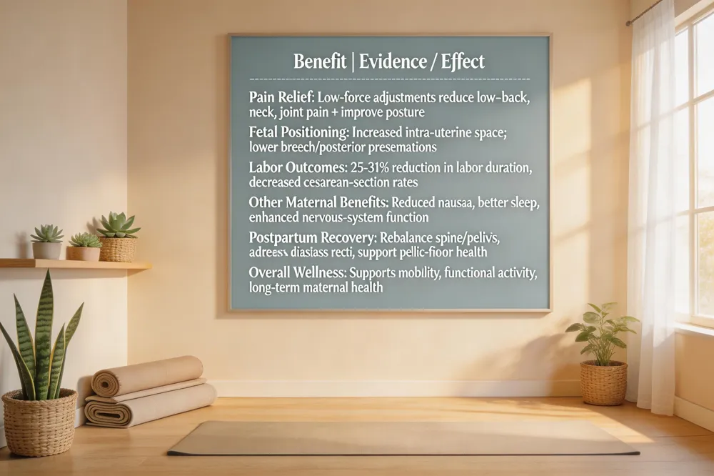  ** Benefit | Evidence / Effect |
|---|---|
| Pain Relief | Low‑force adjustments reduce low‑back, neck, joint pain and improve posture |
| Fetal Positioning | Increased intra‑uterine space; lower incidence of breech/posterior presentations |
| Labor Outcomes | 25‑31 % reduction in labor duration; modest decrease in cesarean‑section rates |
| Other Maternal Benefits | Reduced nausea, better sleep, enhanced nervous‑system function |
| Postpartum Recovery | Rebalance spine/pelvis, address diastasis recti, support pelvic‑floor health, reduce need for analgesics |
| Overall Wellness | Supports mobility, functional activity, and long‑term maternal health