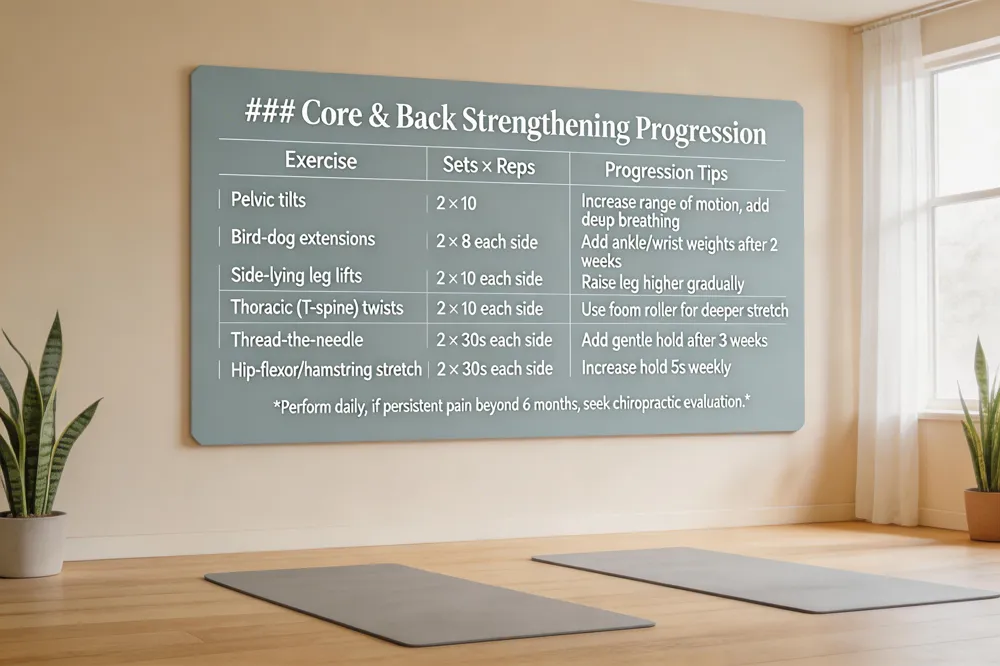 ### Core & Back Strengthening Progression
| Exercise | Sets × Reps | Progression Tips |
|---|---|---|
| Pelvic tilts | 2 × 10 | Increase range of motion, add cue deep breathing |
| Bird‑dog extensions | 2 × 8 each side | Add light ankle/ wrist weights after 2 weeks |
| Side‑lying leg lifts | 2 × 10 each side | Raise leg higher gradually |
| Thoracic rotations (T‑spine twists) | 2 × 10 each side | Use a foam roller for deeper stretch |
| Thread‑the‑needle stretch | 2 × 30 s each side | Add gentle hold after 3 weeks |
| Hip‑flexor/hamstring flexibility (seated hip rolls, standing stretch) | 2 × 30 s each side | Increase hold by 5 s weekly |
Perform daily; pain notice persistent pain beyond 6 months, seek chiropractic evaluation. 