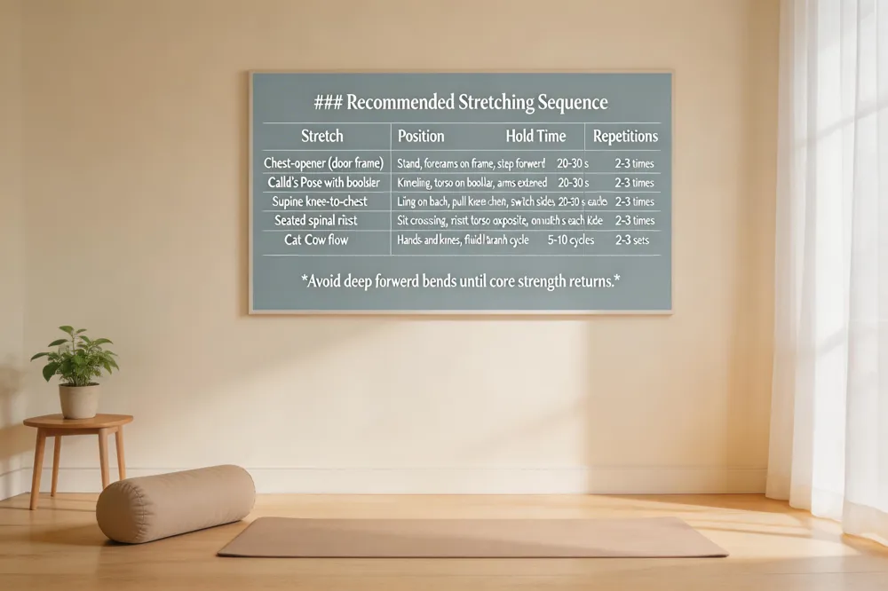 ### Recommended Stretching Sequence
| Stretch | Position | Hold Time | Repetitions |
|---|---|---|---|
| Chest‑opener (door frame) | Stand, forearms on frame, step forward | 20‑30 s | 2‑3 times |
| Child’s Pose with bolster | Kneeling, torso on bolster, arms extended forward | 20‑30 s | 2‑3 times |
| Supine knee‑to‑chest | Lying on back, pull one knee to chest, switch sides | 20‑30 s each side | 2‑3 times |
| Seated spinal twist | Sit, cross‑leg, twist torso opposite side, hand on knee | 20‑30 s each side | 2‑3 times |
| Cat‑Cow flow | Hands‑and‑knees, fluid arch/round cycle | 5‑10 cycles | 2‑3 sets |
Avoid deep forward bends until core strength returns. 