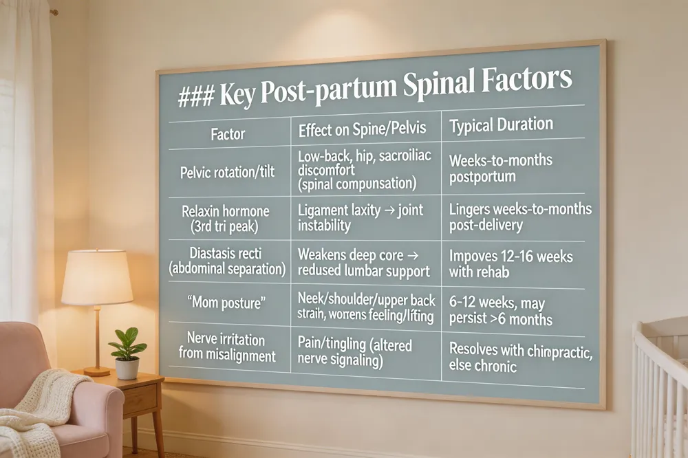 ### Key Post‑partum Spinal Factors
| Factor | Effect on Spine/Pelvis | Typical Duration |
|---|---|---|
| Pelvic rotation/tilt | Low‑back, hip, sacroiliac discomfort as spinal compensates | Can persist weeks‑to‑months postpartum |
| Relaxin hormone (peaks 3rd trimester) | Ligament laxity → increased joint instability | Effects linger weeks‑to‑months after delivery |
| Diastasis recti (abdominal separation) | Weakens deep core → reduced lumbar support | Often improves by 12‑16 weeks with targeted rehab |
| “Mom posture” (exaggerated lordosis, rounded shoulders, forward head) | Strain on neck, shoulders, upper back; worsens during feeding & lifting | Common 6‑12 weeks; may persist >6 months without intervention |
| Nerve irritation from misalignment | Altered nerve signaling → pain, tingling | May resolve with chiropractic adjustments, otherwise chronic |
| 