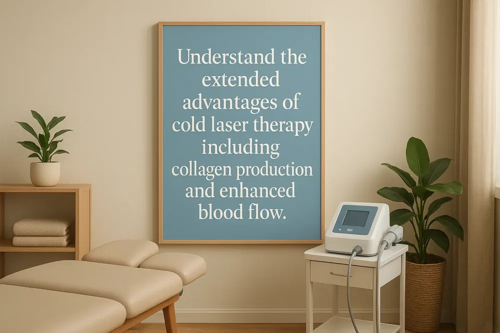 Understand the extended advantages of cold laser therapy including collagen production and enhanced blood flow.
