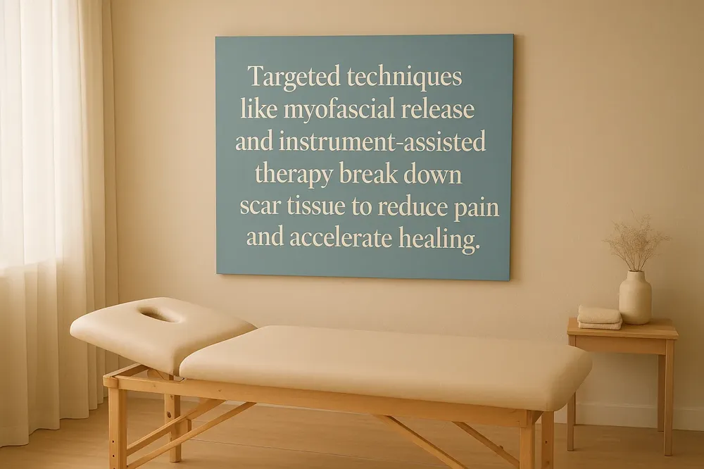 Targeted techniques like myofascial release and instrument-assisted therapy break down scar tissue to reduce pain and accelerate healing.