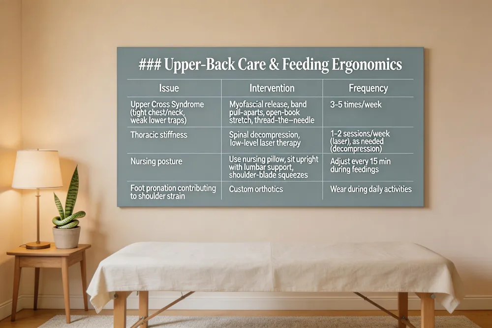 ### Upper‑Back Care & Feeding Ergonomics
| Issue | Intervention | Frequency |
|---|---|---|
| Upper Cross Syndrome (tight chest/neck, weak lower traps) | Myofascial release, band pull‑aparts, open‑book stretch, thread‑the‑needle | 3‑5 times/week |
| Thoracic stiffness | Spinal decompression, low‑level laser therapy | 1‑2 sessions/week (laser), as needed (decompression) |
| Nursing posture | Use nursing pillow, sit upright with lumbar support, shoulder‑blade squeezes | Adjust every 15 min during feedings |
| Foot pronation contributing to shoulder strain | Custom orthotics | Wear during daily activities |
| 