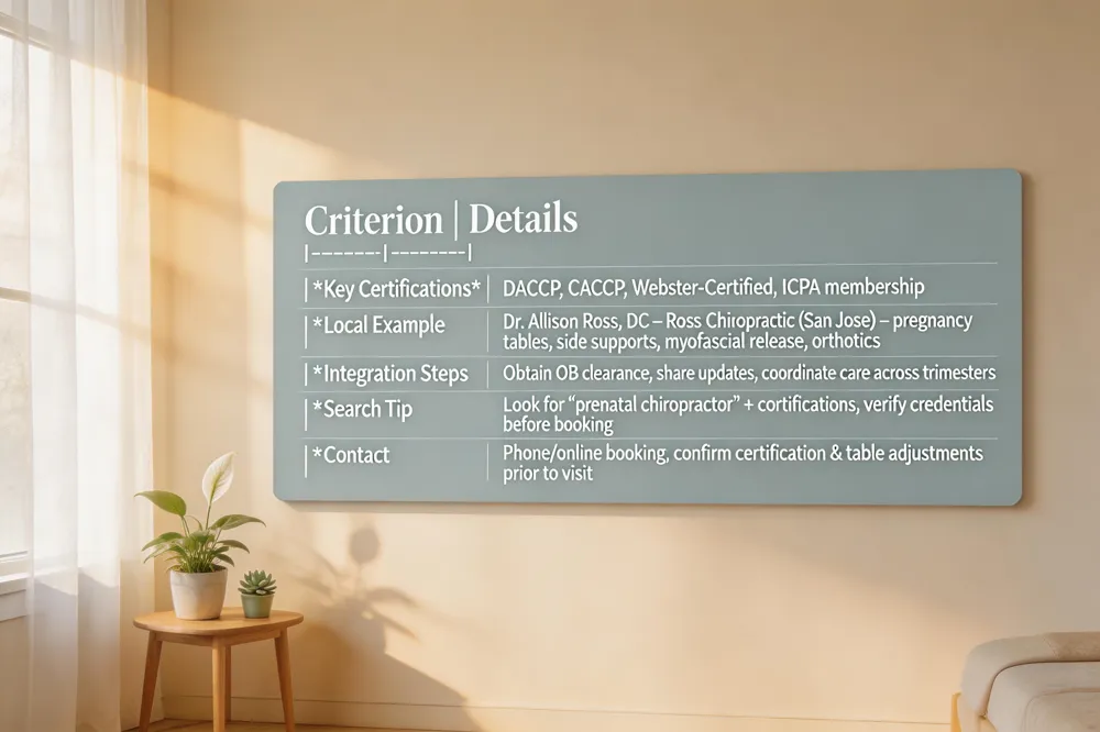  ** Criterion | Details |
|---|---|
| Key Certifications | DACCP, CACCP, Webster‑Certified, ICPA membership |
| Local Example | Dr. Allison Ross, DC – Ross Chiropractic (San Jose) – uses pregnancy‑specific tables, side‑lying supports, offers myofascial release and orthotics |
| Integration Steps | Obtain OB clearance, share treatment updates, coordinate care schedule across trimesters |
| Search Tip | Look for “prenatal chiropractor” + certification keywords; verify credentials before booking |
| Contact | Phone/online booking; confirm certification and table adjustments prior to visit