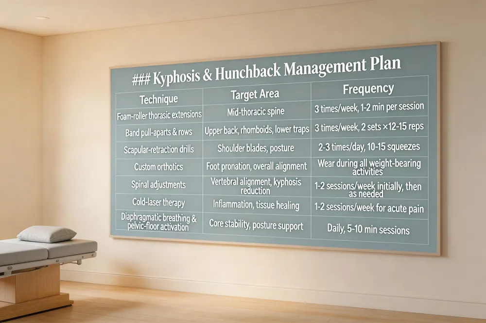 ### Kyphosis & Hunchback Management Plan
| Technique | Target Area | Frequency |
|---|---|---|
| Foam‑roller thoracic extensions | Mid‑thoracic spine | 3 times/week, 1‑2 min per session |
| Band pull‑aparts & rows | Upper back, rhomboids, lower traps | 3 times/week, 2 sets × 12‑15 reps |
| Scapular‑retraction drills | Shoulder blades, posture | 2‑3 times/day, 10‑15 squeezes |
| Custom orthotics | Foot pronation, overall alignment | Wear during all weight‑bearing activities |
| Spinal adjustments | Vertebral alignment, kyphosis reduction | 1‑2 sessions/week initially, then as needed |
| Cold‑laser therapy | Inflammation, tissue healing | 1‑2 sessions/week for acute pain |
| Diaphragmatic breathing & pelvic‑floor activation | Core stability, posture support | Daily, 5‑10 min sessions |
| 
