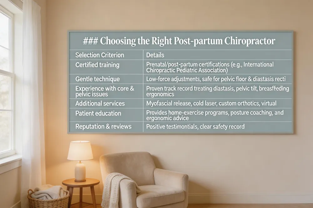 ### Choosing the Right Post‑partum Chiropractor
| Selection Criterion | Details |
|---|---|
| Certified training | Prenatal/post‑partum certifications (e.g., International Chiropractic Pediatric Association) |
| Gentle technique | Low‑force adjustments, safe for pelvic floor & diastasis recti |
| Experience with core & pelvic issues | Proven track record treating diastasis, pelvic tilt, breastfeeding ergonomics |
| Additional services | Myofascial release, cold laser, custom orthotics, virtual consultations |
| Patient education | Provides home‑exercise programs, posture coaching, and ergonomic advice |
| Reputation & reviews | Positive testimonials, clear safety record |
| 