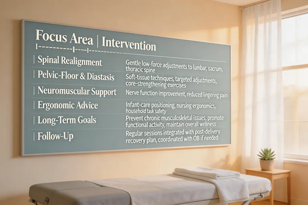  ** Focus Area | Intervention |
|---|---|
| Spinal Realignment | Gentle low‑force adjustments to lumbar, sacrum, thoracic spine |
| Pelvic‑Floor & Diastasis | Soft‑tissue techniques, targeted adjustments, core‑strengthening exercises |
| Neuromuscular Support | Nerve function improvement, reduced lingering pain |
| Ergonomic Advice | Infant‑care positioning, nursing ergonomics, household task safety |
| Long‑Term Goals | Prevent chronic musculoskeletal issues, promote functional activity, maintain overall wellness |
| Follow‑Up | Regular sessions integrated with post‑delivery recovery plan, coordinated with OB if needed