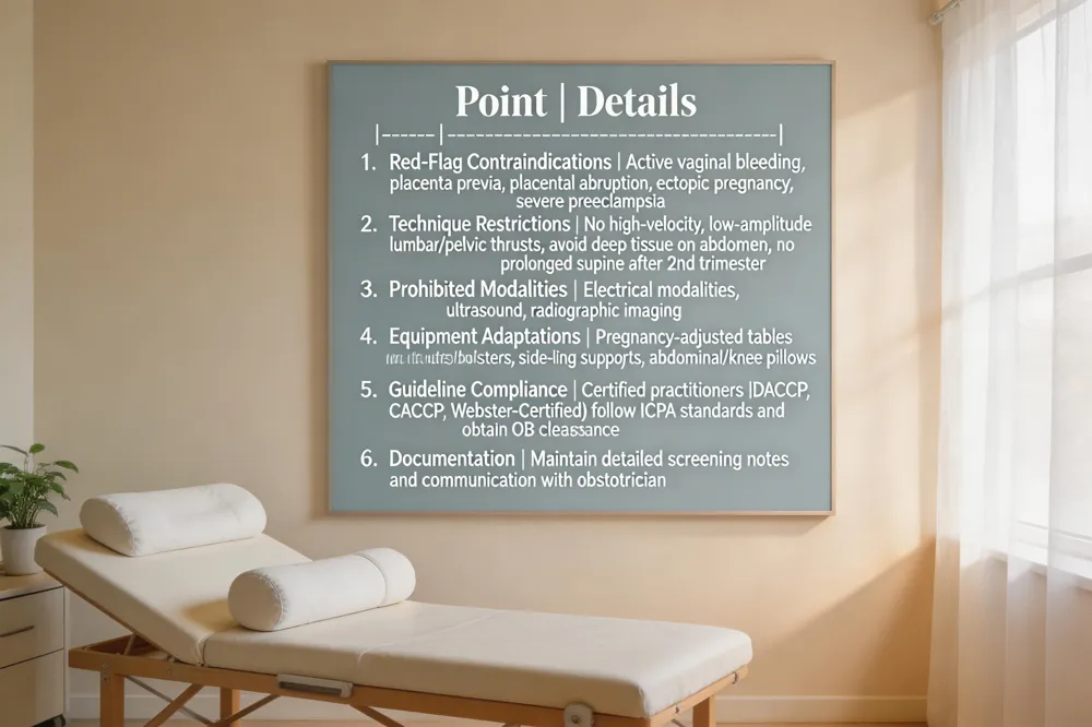  ** Point | ** Details |
|---|---|
| Techniques Used | Low‑force adjustments, side‑lying position, Activator® instrument, Webster Technique |
| Certifications | DACCP, CACCP, Webster‑Certified; use of padded, adjustable tables |
| Safety | No high‑velocity thrusts; abdomen kept pressure‑free |
| Benefits | Relief of low‑back, neck, pelvic pain; improved pelvic balance; may aid later fetal positioning |
| When to Start | As soon as pregnancy‑related discomfort appears, often in the first trimester |
| Coordination | Obtain OB‑GYN clearance; integrate with prenatal care plan |
| Prenatal chiropractors use low‑force, pregnancy‑specific techniques—such as side‑lying adjustments, Activator® instrument, and the Webster Technique—avoid pressure on the abdomen while gently restoring spinal and pelvic alignment. Practitioners who hold certifications like DACCP (Diplomate of the International Chiropractic Pediatric Association), CACCP (Certified Advanced Chiropractic Care for Pregnancy), or are Webster‑Certified have completed specialized training that includes the use of padded, adjustable tables and safe positioning devices. |
Chiropractor while pregnant 1st trimester – Yes. A qualified, prenatal‑trained chiropractor can safely treat you in the first trimester by employing gentle, low‑force adjustments and avoiding high‑velocity thrusts. Early care relieves low‑back, neck, and pelvic discomfort caused by hormonal ligament laxity and postural shifts, and it promotes proper pelvic balance that may improve fetal positioning later in pregnancy.
When to start chiropractic care during pregnancy – Women may begin as soon as pregnancy‑related discomfort appears, often in the first trimester. Early visits help manage morning sickness, back pain, and posture before the belly enlarges. Many clinicians recommend establishing a regular schedule in the second trimester and increasing frequency in the third to support pelvic alignment and a smoother labor. Coordination with an OB‑GYN is essential for safe, drug‑free care.
Second Trimester Management – Balancing Comfort and Alignment
| ![ ** Point | Description |
|---|---|
| Equipment | Pregnancy‑adjusted tables with cut‑outs; side‑lying or left‑lateral decubitus positioning |
| Adjustment Focus | Restore lumbar lordosis, sacroiliac balance, cervical alignment |
| Reported Outcomes | 84‑75 % report reduced back, neck, joint pain; 25‑31 % reduction in labor duration |
| Risks | Minimal when contraindications (e.g., vaginal bleeding, placenta previa, severe toxemia) are screened out |
| Pros | Non‑drug pain relief, potential shorter labor, better fetal positioning |
| Cons | Limited high‑quality evidence for some claims; requires specialized training |
| Coordination | Essential OB‑GYN collaboration for high‑risk pregnancies |
| Use of pregnancy‑adjusted tables and side‑lying positioning | |
| Prenatal chiropractors employ specialized tables with cut‑out or padded sections and side‑lying or left‑lateral decubitus positions to keep the abdomen free of pressure. This approach maintains optimal venous return and avoids supine hypotension, making adjustments safe after the uterus expands in the second trimester. |
Gentle adjustments to address low‑back, neck, and pelvic pain
Low‑force, pregnancy‑specific techniques—often certified as DACCP, CACCP, or Webster Certified—focus on restoring lumbar lordosis, sacroiliac balance, and cervical alignment. Women commonly report relief within a few days, with 84‑75 % noting reduced back, neck, and joint pain in chart reviews.
Risks and benefits of care at this stage
Benefits include decreased musculoskeletal pain, reduced intrauterine constraint, and a lower chance of breech presentation, which may shorten labor by 25‑31 %. Risks are minimal when contraindications (e.g., vaginal bleeding, placenta previa, severe toxemia) are screened out; occasional mild soreness may occur.
Chiropractor while pregnant 2nd trimester
The second trimester is ideal for prenatal chiropractic because the uterus is still manageable for comfortable positioning. Skilled chiropractors use gentle, abdomen‑free adjustments and supportive exercises, helping maintain spinal alignment, pelvic balance, and optimal fetal positioning while reducing pain.
Pros and cons of chiropractic care during pregnancy
Pros: non‑drug pain relief, potential shorter labor, improved fetal positioning, reduced nausea, and postpartum recovery support. Cons: limited high‑quality evidence for some claims, need for specialized training, and contraindications in high‑risk pregnancies. Coordination with an obstetrician is essential.
Third Trimester Strategies – Preparing for Delivery
| ![ ** Point | Description |
|---|---|
| Primary Technique | Webster Technique (sacroiliac adjustment) to reduce uterine tension and improve fetal positioning |
| Common Complaints Addressed | Sciatica, shoulder‑hand syndrome, pregnancy‑related headaches |
| Adjustment Approach | Low‑force, abdomen‑free adjustments on side‑lying tables; avoid supine position and high‑velocity thrusts |
| Typical Results | Relief within a few sessions; improved posture, reduced pain, smoother transition into labor |
| Safety | Coordinated with obstetrician; no deep tissue work on abdomen |
| Additional Benefits | Increased intra‑uterine space, lower chance of breech or posterior presentation |
| In the third trimester a chiropractor focuses on gentle, low‑force work that protects the abdomen while relieving the added strain on the lower back, hips, and pelvis. Adjustments are performed on pregnancy‑adjusted tables or with side‑lying bolsters, avoiding supine positioning and high‑velocity thrusts. The Webster Technique, a targeted sacroiliac adjustment, is a cornerstone of prenatal care. By soft‑tissue releasing the gluteal, piriformis and round‑ligament muscles and then aligning the sacrum, the technique reduces uterine tension, increases intra‑uterine space, and promotes optimal fetal positioning. This can lower the likelihood of breech presentation and ease the passage through the birth canal. |
Low‑force spinal and pelvic work also addresses common third‑trimester complaints such as sciatica, shoulder‑hand syndrome, and pregnancy‑related headaches. Restoring proper alignment eases nerve compression, improves circulation, and supports the nervous system, allowing the mother to stay mobile and comfortable as labor approaches. Patients typically notice relief within a few sessions and report better posture, reduced pain, and a smoother transition into delivery. All treatments are coordinated with the obstetrician to ensure safety for both mother and baby.
General Safety, Contraindications and Professional Guidelines
| ![ ** Point | Details |
|---|---|
| Red‑Flag Contraindications | Active vaginal bleeding, placenta previa, placental abruption, ectopic pregnancy, severe preeclampsia |
| Technique Restrictions | No high‑velocity, low‑amplitude lumbar/pelvic thrusts; avoid deep tissue on abdomen; no prolonged supine after 2nd trimester |
| Prohibited Modalities | Electrical modalities, ultrasound, radiographic imaging |
| Equipment Adaptations | Pregnancy‑adjusted tables with cut‑outs/bolsters, side‑lying supports, abdominal/knee pillows |
| Guideline Compliance | Certified practitioners (DACCP, CACCP, Webster‑Certified) follow ICPA standards and obtain OB clearance |
| Documention | Maintain detailed screening notes and communication with obstetrician