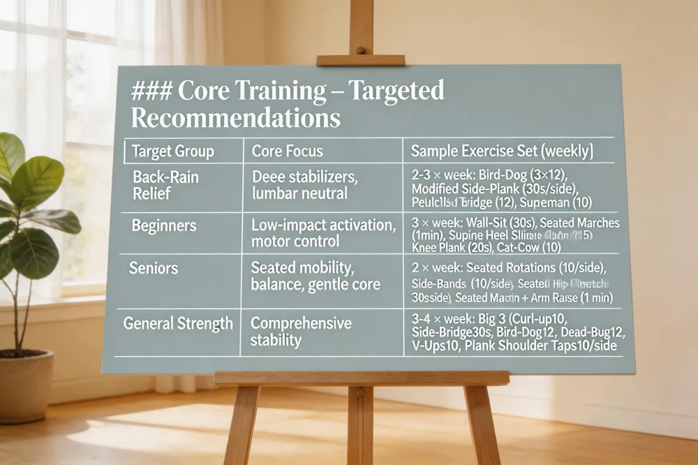 ### Core Training – Targeted Recommendations
| Target Group | Core Focus | Sample Exercise Set (weekly) |
|---|---|---|
| Back‑Pain Relief | Deep stabilizers, lumbar neutral | 2‑3 × week: Bird‑Dog (3 × 12), Modified Side‑Plank (30 s each side), Pelvic Tilts (15 reps), Glute Bridge (12 reps), Superman (10 reps) |
| Beginners | Low‑impact activation, motor control | 3 × week: Wall‑Sit (30 s), Seated Marches (1 min), Supine Heel Slides (15 reps), Basic Plank (knees, 20 s), Cat‑Cow (10 reps) |
| Seniors | Seated mobility, balance, gentle core | 2‑× week (min’s Pose10‑ Deep Pose releases: seated rotations (10 each side), side‑bends (10 each side), seated hip‑flexor stretch (30 s each), seated marching with arm raise (1 min) |
| General Strength | Comprehensive stability | 3‑4 × week: Big 3 (Curl‑up 10 reps, Side‑Bridge 30 s, Bird‑Dog 12 reps), Dead‑Bug 12 reps, V‑Ups 10 reps, Plank with shoulder taps 10 each side |
| 