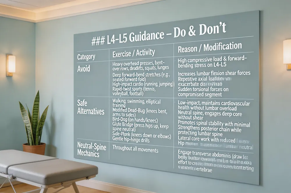 ### Core Exercise Recommendations – Quick Reference
| Exercise | Primary Target Muscles | Key Benefits |
|---|---|---|
| Plank (forearm or modified on knees) | Transverse abdominis, rectus abdominis, serratus anterior | Improves overall core endurance while keeping spine neutral |
| Bird‑Dog | Multifidus, erector spinae, gluteus maximus | Enhances cross‑pattern stability & lumbar control |
| Glute Bridge | Gluteus maximus, hamstrings, lumbar multifidus | Activates posterior chain without lumbar flexion |
| Side‑Plank | Obliques, quadratus lumborum, multifidus | Lateral core strength and spinal alignment |
| Superman / Gentle lumbar rotation | Erector spinae, thoracic extensors | Promotes lumbar extension and thoracic mobility |
| Cat‑Cow (Mad cat) | Spinal flexors & extensors, thoracic mobility | Increases spinal fluid movement, reduces stiffness |
| Child’s Pose | Low‑back stretch, latissimus dorsi | Relaxes lumbar spine, improves flexibility |
| Pelvic Tilts | Transverse abdominis, lower back | Reinforces neutral lumbar posture |
| Half‑Kneeling Hip‑Flexor Stretch with Overhead Reach | Hip flexors, thoracic extensors | Improves hip & thoracic range, reduces anterior pelvic tilt |
| Chin Tilts / Chin Tucks | Deep neck flexors | Corrects cervical posture, reduces forward head strain |
| Shoulder Rolls | Upper trapezius, levator scapulae | Releases shoulder tension, promotes scapular mobility |
| Wall Angels | Serratus anterior, lower trapezius | Improves thoracic extension & scapular upward rotation |
| Seated Thoracic Twists | Rotational thoracic muscles | Enhances thoracic rotation, alleviates mid‑back tightness |
| Chiropractors frequently prescribe low‑impact, core‑activating moves that protect the spine while building strength. The most common selections are planks (forearm or modified on knees), bird‑dogs, glute bridges, side‑planks, and gentle lumbar rotations such as the Superman. These exercises engage the transverse abdominis, multifidus, and erector spinae, providing the deep stability needed after an adjustment. |
Stretching for spinal flexibility is paired with the core work. Cat‑Cow (Mad cat) mobilizations, Child’s Pose, pelvic tilts, and the Half‑Kneeling Hip‑Flexor Stretch with Overhead Reach improve range of motion in the lumbar and thoracic regions and relieve tension in the hips and lower back. Consistent deep supports the joint mobility that allows the core to activate efficiently.
Upper‑body mobility drills address common compensations that affect spinal alignment. Chin tilts, chin tucks, shoulder rolls, wall angels, and seated thoracic twists release tight chest and upper‑back muscles, promote proper head and shoulder positioning, and enhance overall posture.
Integration with chiropractic adjustments is essential. After an adjustment, patients perform the above core‑activating and stretching routines to reinforce neural pathways, maintain neutral spinal alignment, and accelerate recovery. When combined with personalized corrective‑exercise programs, these movements help reduce pain, improve functional performance, and support long‑term musculoskeletal health without surgery or medication.
Protecting the Lower Lumbar: L4‑L5 Considerations
![### L4‑L5 Guidance – Do & Don’t
| Category | Exercise / Activity | Reason / Modification |
|---|---|---|
| Avoid | Heavy overhead presses, bent‑over rows, deadlifts, squats, lunges | High compressive load & forward‑bending stress on L4‑L5 |
| Deep forward‑bend stretches (e.g., seated forward fold) | Increases lumbar flexion shear forces | |
| High‑impact cardio (running, jumping) | Repetitive axial loading can exacerbate disc irritation | |
| Rapid‑twist sports (tennis, volleyball, football) | Sudden torsional forces on compromised segment | |
| Safe Alternatives | Walking, swimming, elliptical training | Low‑impact, maintains cardiovascular health without lumbar overload |
| Modified Dead‑Bug (knees bent, arms to sides) | Neutral spine, engages deep core without shear | |
| Bird‑Dog (on hands/knees) | Promotes spinal stability with minimal load | |
| Glute Bridge (press hips up, keep spine neutral) | Strengthens posterior chain while protecting lumbar spine | |
| Side‑Plank (knees down or elbows) | Lateral core work with reduced lumbar stress | |
| Gentle hip‑hinge drills | Hip softional transmission, keeps lumbar neutral | |
| Neutral‑Spine Mechanics | Throughout all movements | Engage transverse abdominis (draw belly button toward spine) and exhale on effort to create intra‑abdominal pressure supporting vertebrae |
| 