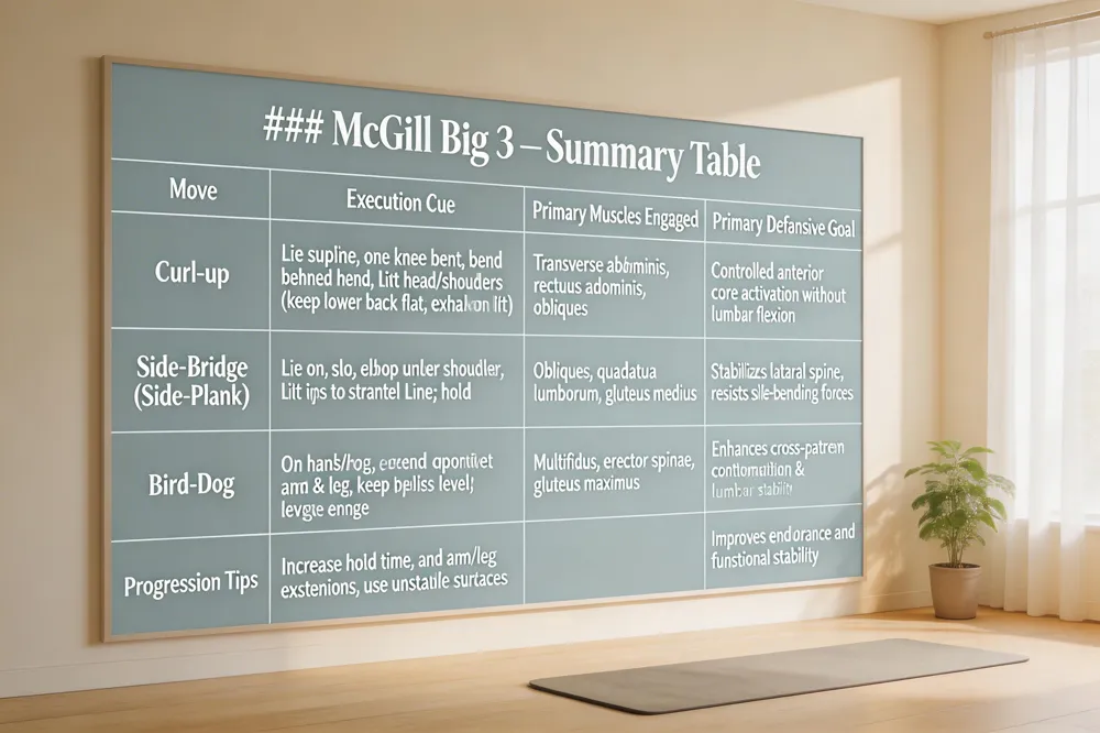 ### McGill Big 3 – Summary Table
| Move | Execution Cue | Primary Muscles Engaged | Primary Defensive Goal |
|---|---|---|---|
| Curl‑up | Lie supine, one knee bent, hand behind head, lift head/shoulders while keeping lower back flat; exhale on lift | Transverse abdominis, rectus abdominis, obliques (isometric) | Provides controlled anterior core activation without lumbar flexion |
| Side‑Bridge (Side‑Plank) | Lie on side, elbow under shoulder, lift hips to form straight line; hold; progress to hand support | Obliques, quadratus lumborum, multifidus, gluteus medius | Stabilizes lateral spine, resists side‑bending forces |
| Bird‑Dog | On hands/knees, extend opposite arm & leg, keep pelvis level; engage core; repeat | Multifidus, erector spinae, gluteus maximus, transverse abdominis | Enhances cross‑pattern coordination & lumbar spinalension |
| Progression Tips | Increase hold time, add arm/leg extensions, use unstable surfaces | Improves endurance and functional stability | |
| 
