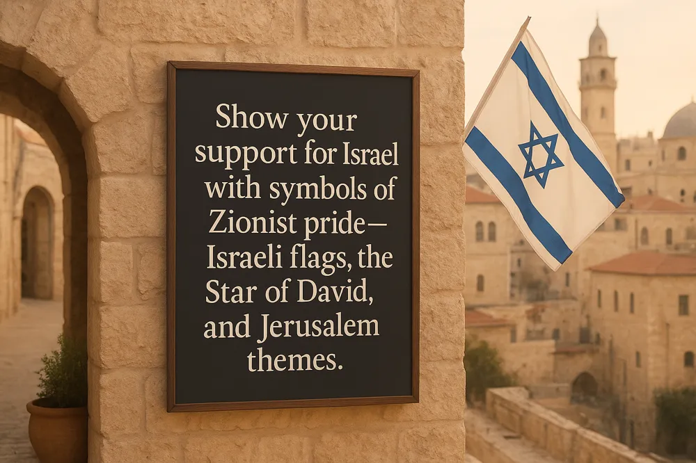 Show your support for Israel with symbols of Zionist pride—Israeli flags, the Star of David, and Jerusalem themes.