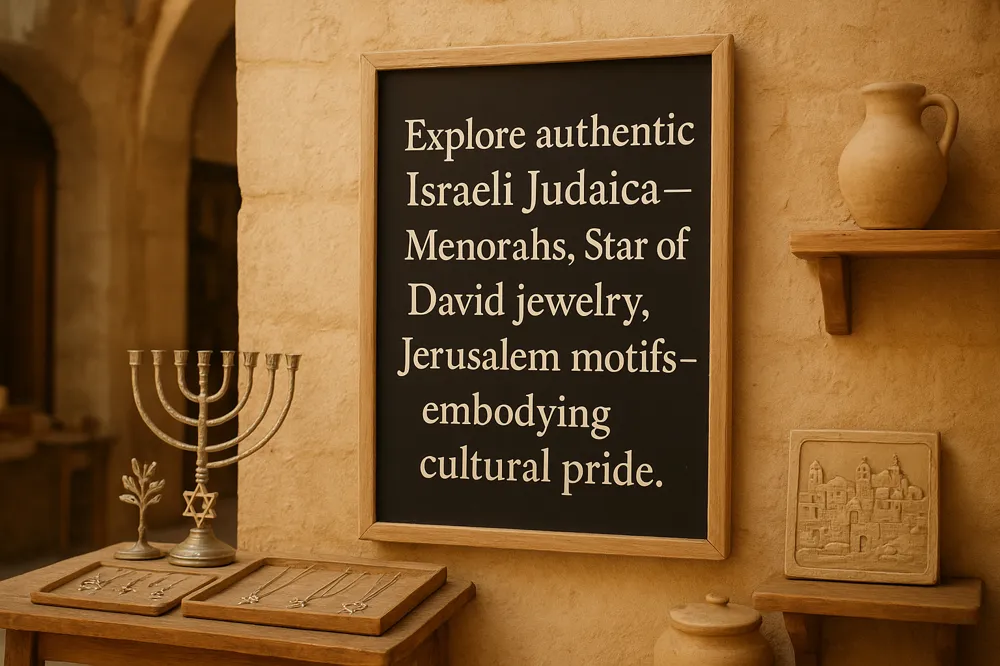 Explore authentic Israeli Judaica—Menorahs, Star of David jewelry, Jerusalem motifs—embodying cultural pride.