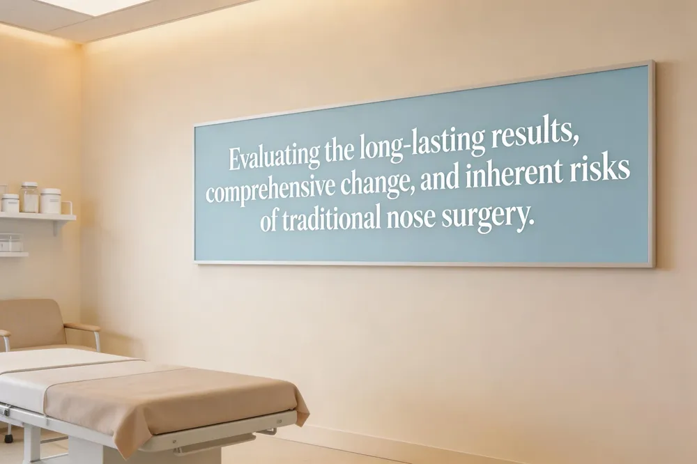 Evaluating the long-lasting results, comprehensive change, and inherent risks of traditional nose surgery.