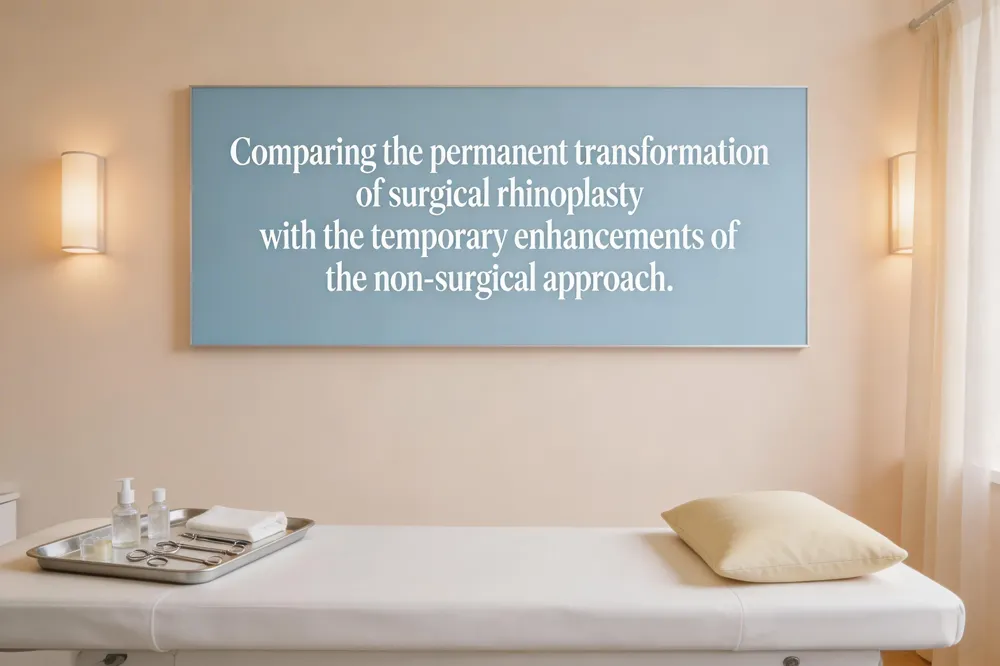 Comparing the permanent transformation of surgical rhinoplasty with the temporary enhancements of the non-surgical approach.