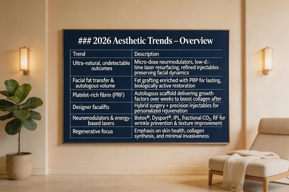 ### 2026 Aesthetic Trends – Overview
| Trend | Description |
|---|---|
| Ultra‑natural, undetectable outcomes | Micro‑dose neuromodulators, low‑downtime laser resurfacing, refined injectables preserving facial dynamics |
| Facial fat transfer & autologous volume | Fat grafting enriched with PRP for lasting, biologically active restoration |
| Platelet‑rich fibrin (PRF) | Autologous scaffold delivering growth factors over weeks to boost collagen after procedures |
| Designer facelifts | Hybrid surgery + precision injectables for personalized rejuvenation |
| Neuromodulators & energy‑based lasers | Continued use of Botox®, Dysport®, IPL, fractional CO₂, RF for wrinkle prevention & texture improvement |
| Regenerative focus | Emphasis on skin health, collagen synthesis, and minimal invasiveness