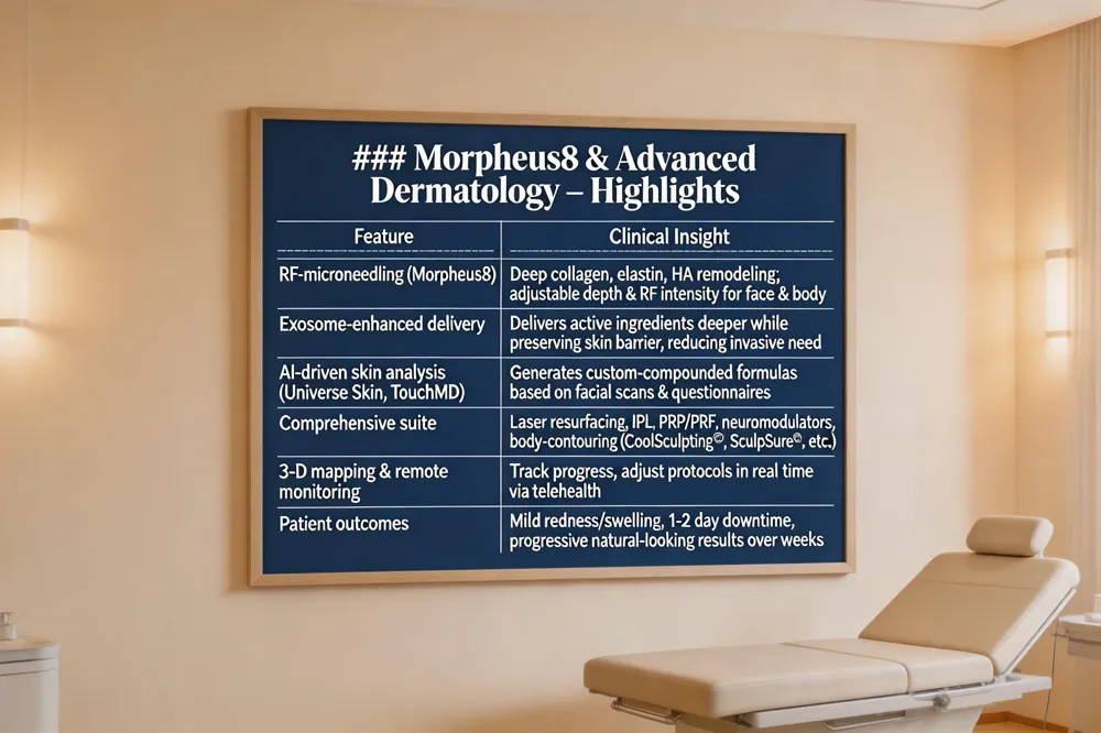 ### Morpheus8 & Advanced Dermatology – Highlights
| Feature | Clinical Insight |
|---|---|
| RF‑microneedling (Morpheus8) | Deep collagen, elastin, HA remodeling; adjustable depth & RF intensity for face & body |
| Exosome‑enhanced delivery | Vehicles active ingredients deeper while preserving skin barrier, reducing need for invasive need |
| AI‑driven skin analysis (Universe Skin, TouchMD) | Generates custom‑compounded formulas based on facial scans & questionnaires |
| Comprehensive suite | Laser resurfacing, IPL, PRP/PRF, neuromodulators, body‑contouring (CoolSculpting®, SculpSure®, etc.) |
| 3‑D mapping & remote monitoring | Track progress, adjust protocols in real time via telehealth |
| Patient outcomes | Mild redness/swelling, 1‑2 day downtime, progressive natural‑looking results over weeks